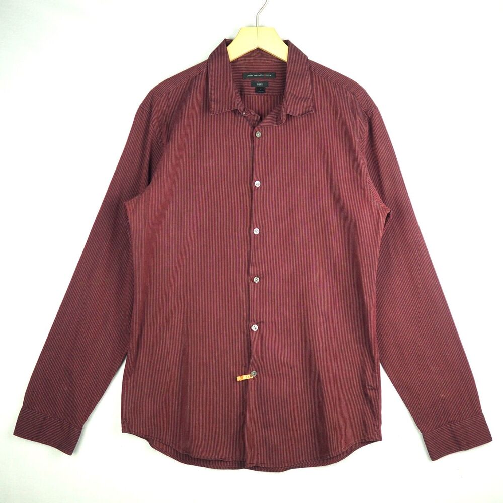 John Varvatos Luxe Shirt Mens L Maroon Stripe Long Sleeve Button Down USA
